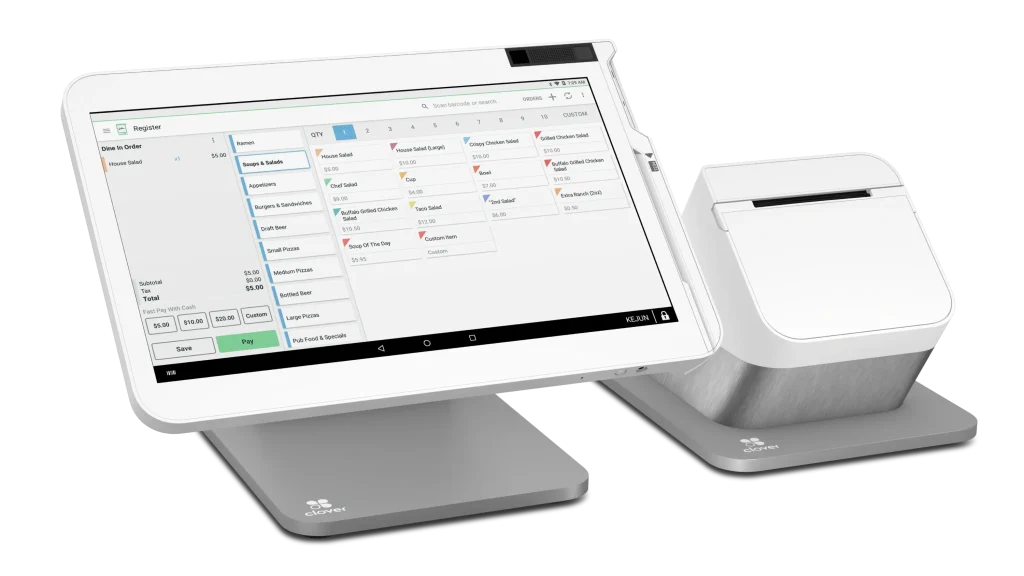 Clover Station point-of-sale system with touchscreen and receipt printer.